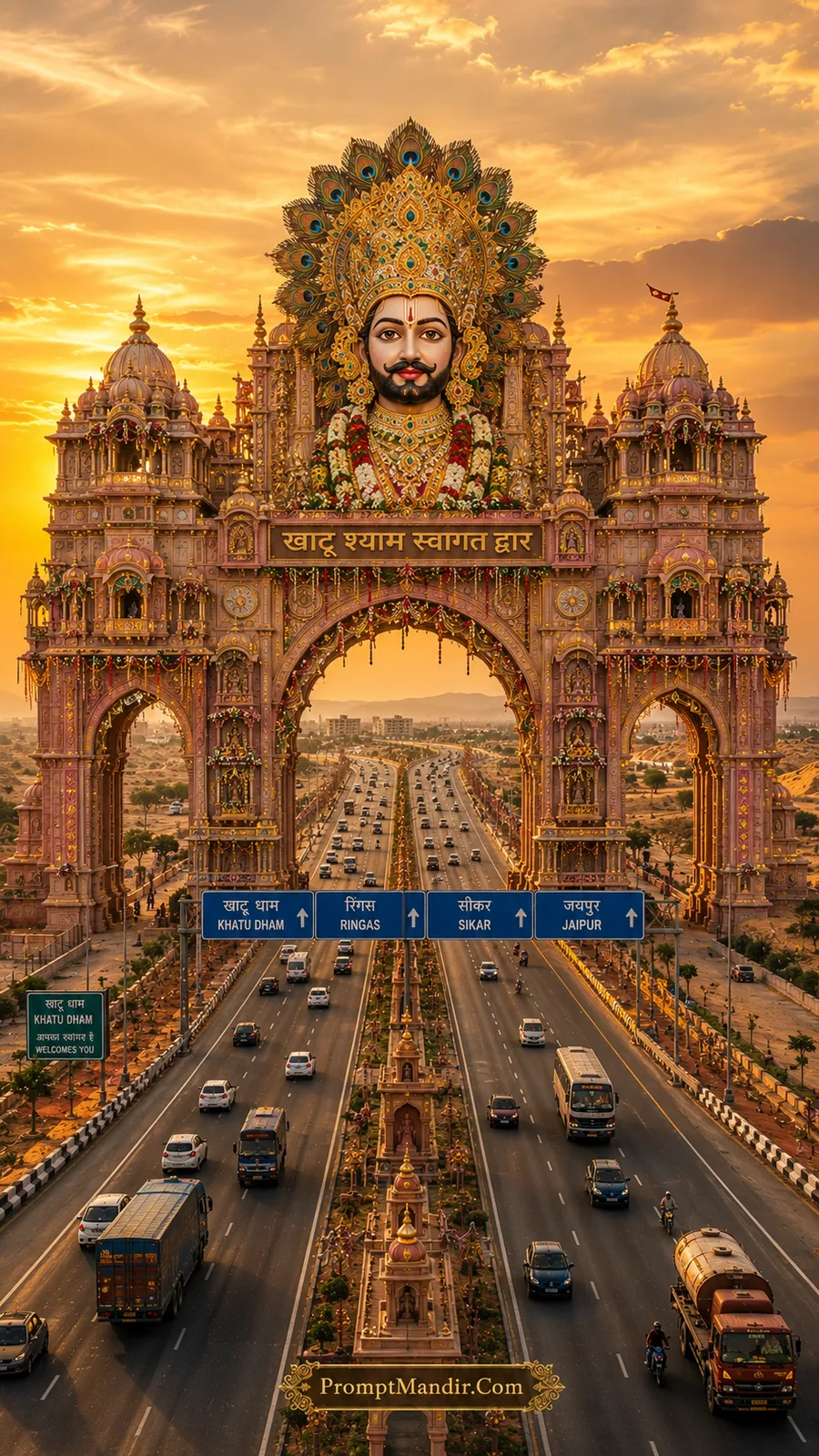 Khatu Shyam inspired welcome arch with golden sunset and highway