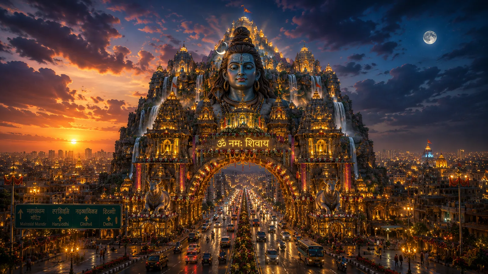 DIVINE KINGDOMS featuring a majestic Shiva-inspired celestial kingdom with glowing temples, waterfalls, and a grand fantasy city at sunset