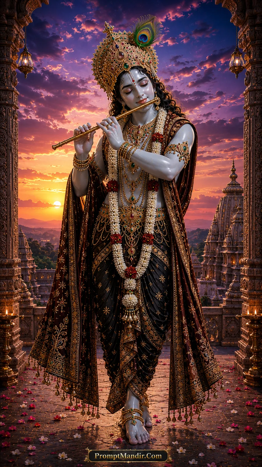 Lord Krishna playing flute in ornate temple balcony during radiant sunset sky