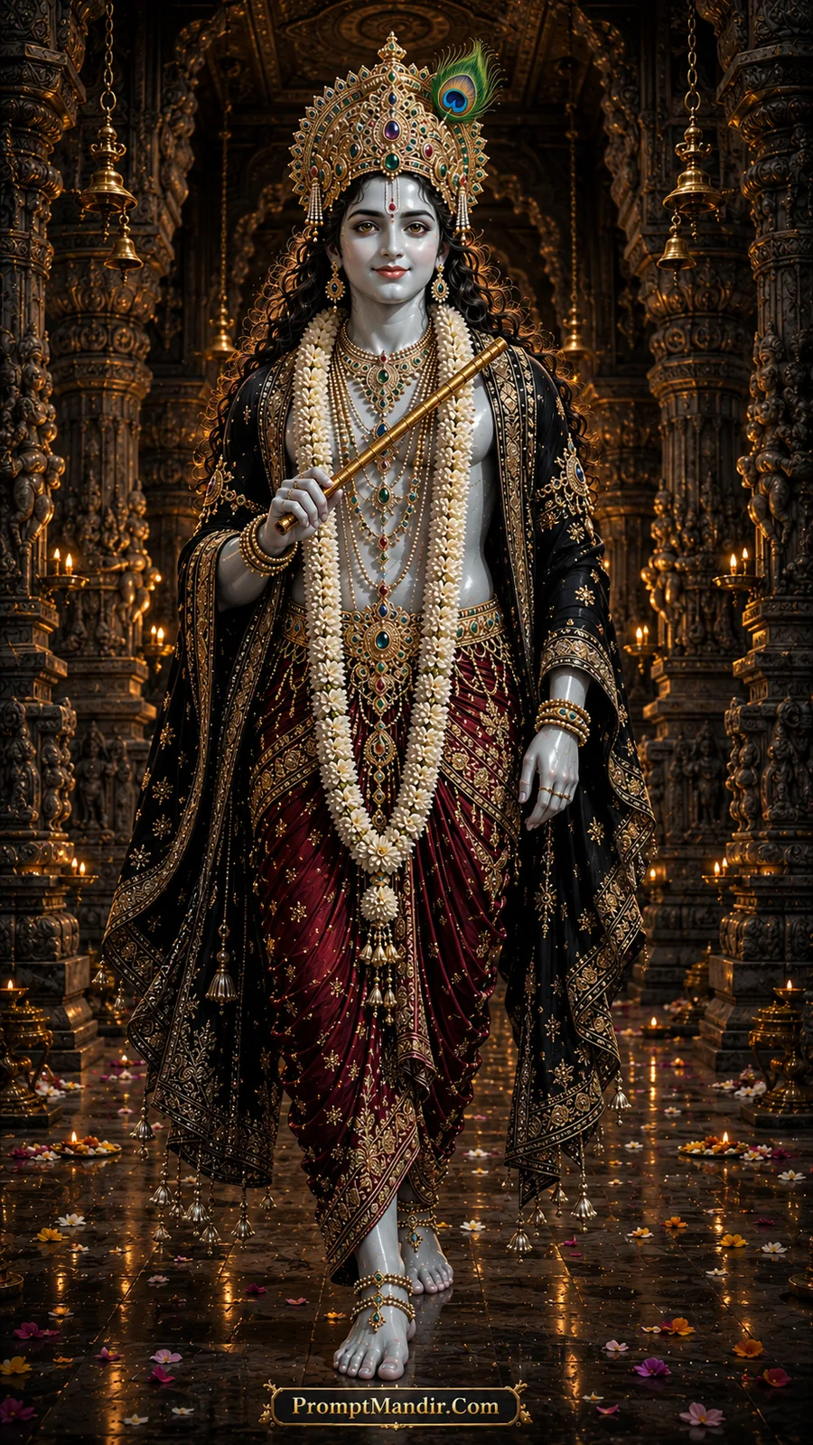 Lord Krishna holding golden flute inside grand candlelit temple corridor