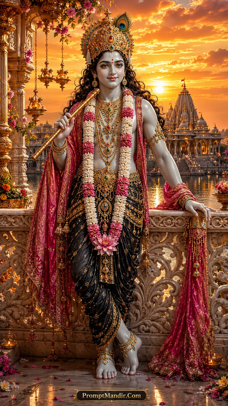 Lord Krishna beside temple lake with pink drape at golden sunset