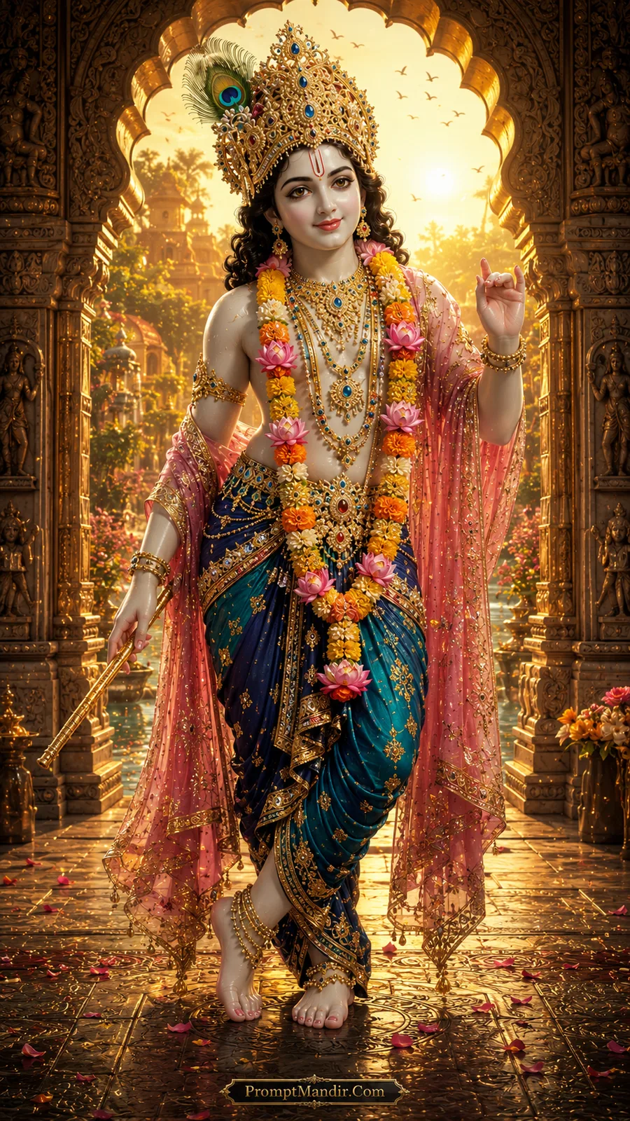 Young Lord Krishna walking through floral temple garden with lotus garland