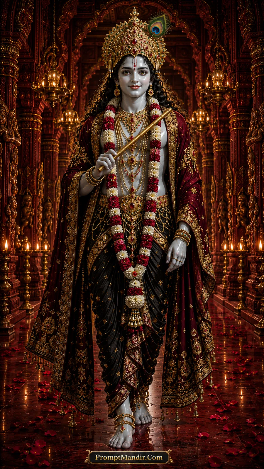 Lord Krishna with flute in richly decorated crimson temple hall