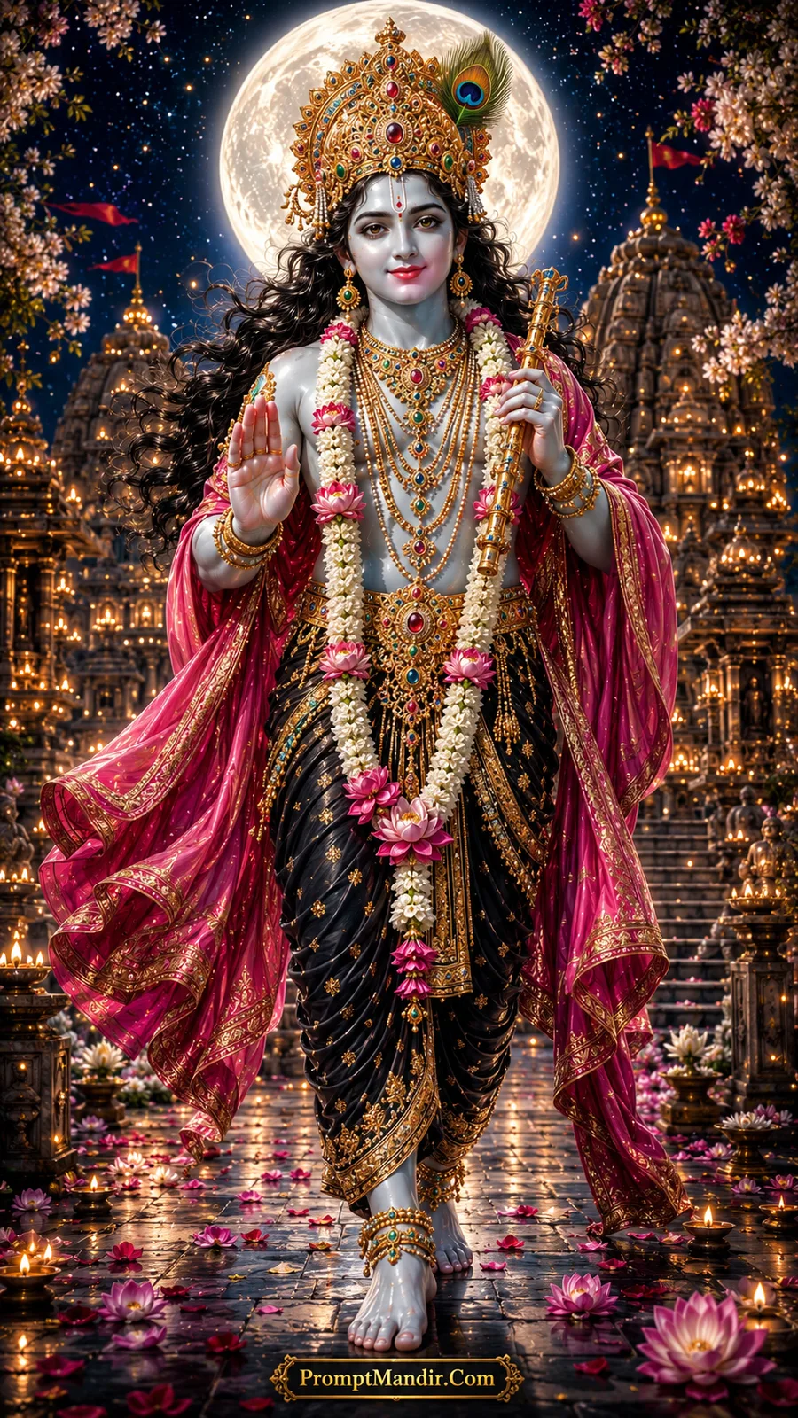 Lord Krishna beneath full moon with lotus flowers and temple backdrop