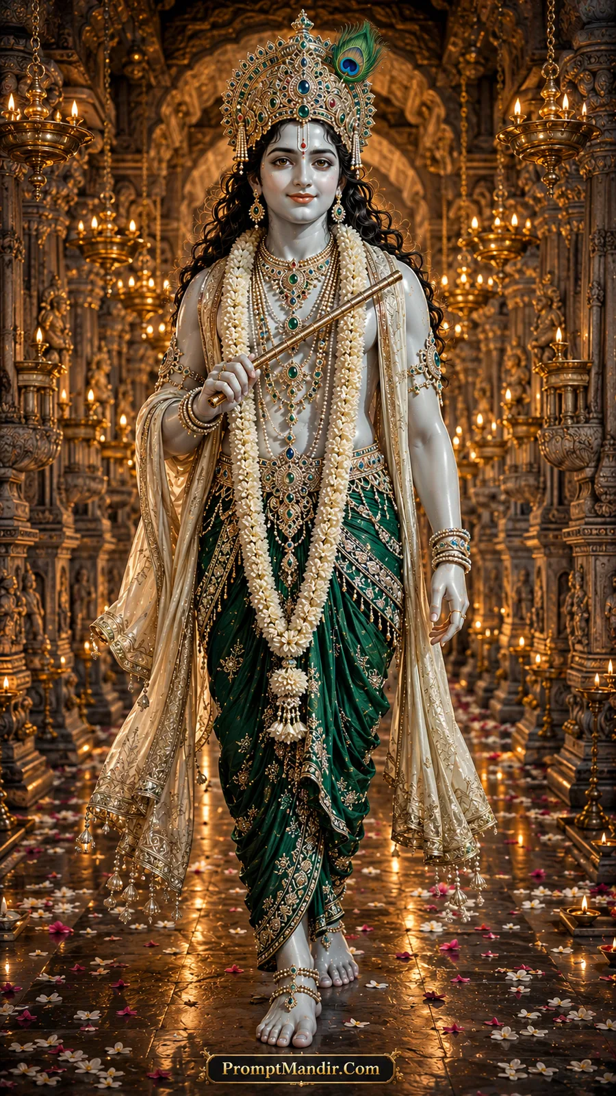 Lord Krishna in ivory shawl walking through golden illuminated temple