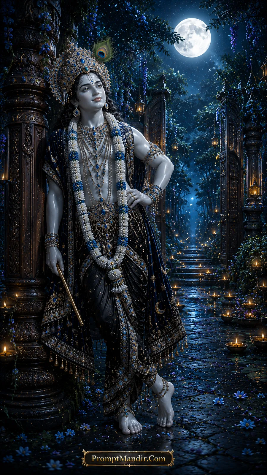 Lord Krishna standing beneath moonlit garden archway with blue flowers