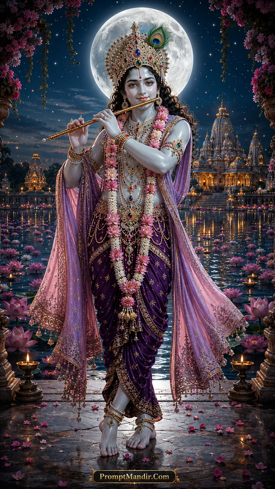 Lord Krishna playing flute beside lotus lake under full moon
