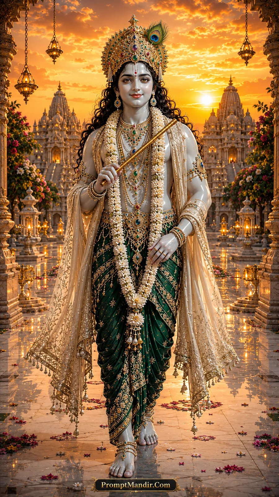 Lord Krishna holding flute before majestic temple courtyard at sunrise