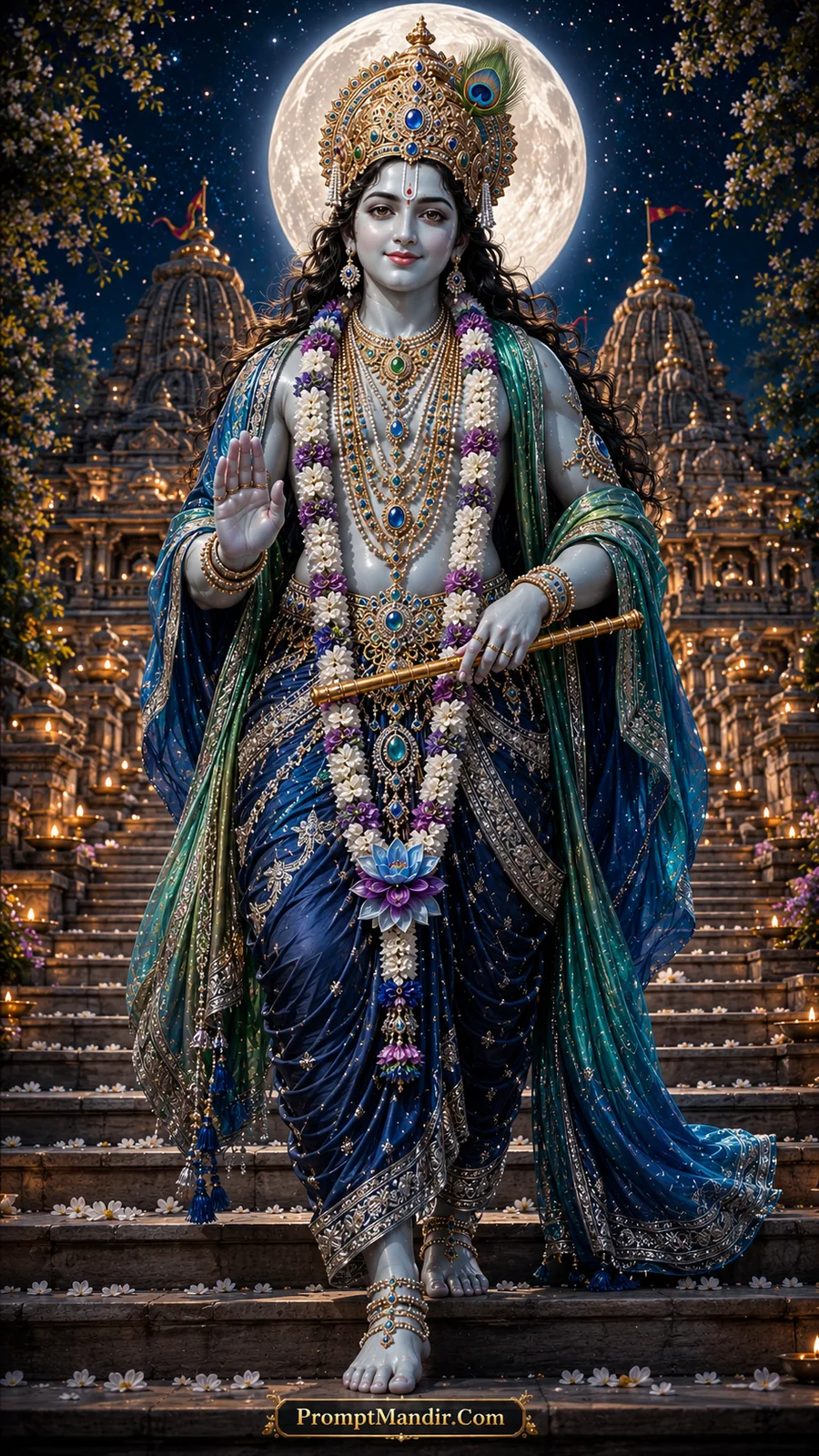 Lord Krishna descending temple steps beneath full moon and stars