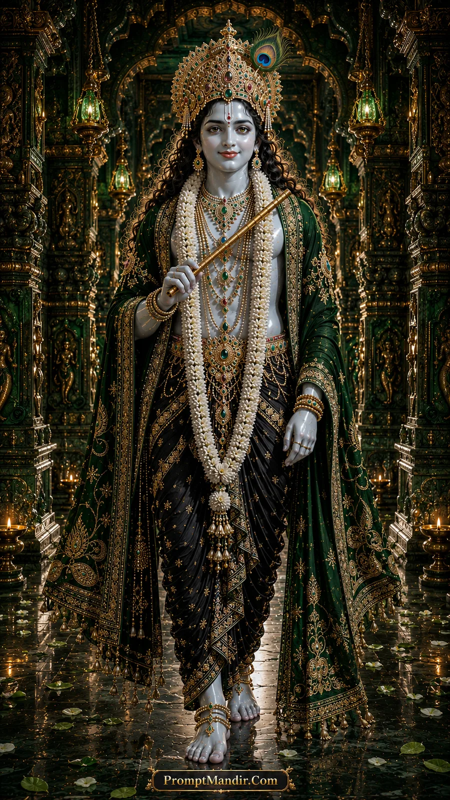 Lord Krishna in emerald attire inside ornate green temple corridor