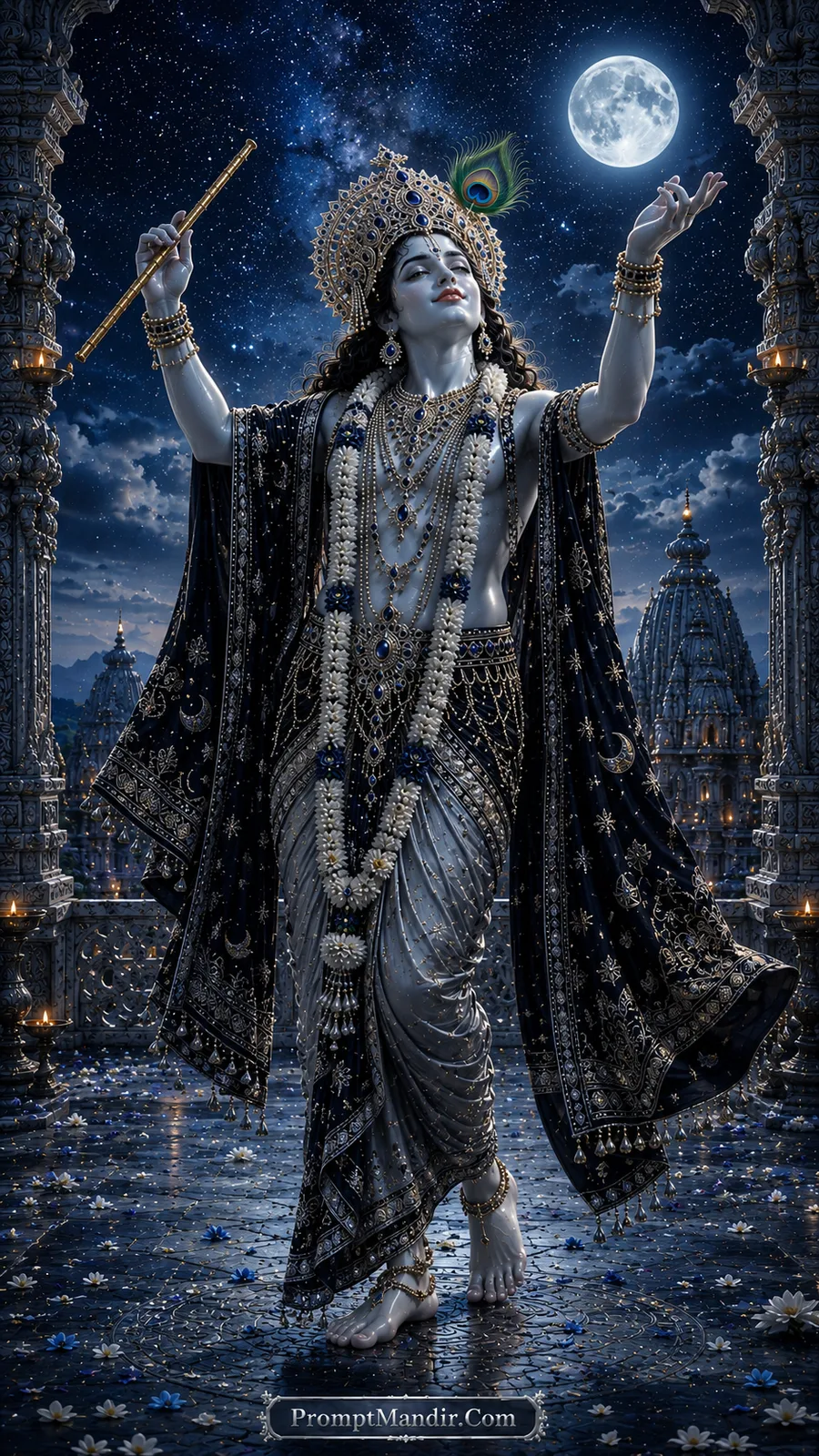 Lord Krishna raising arms beneath moonlit sky and temple spires