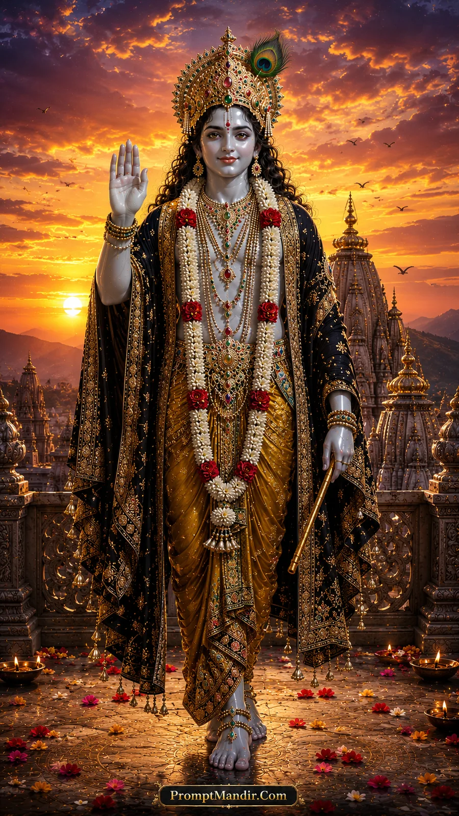 Lord Krishna blessing devotees before temple spires under glowing sunset sky