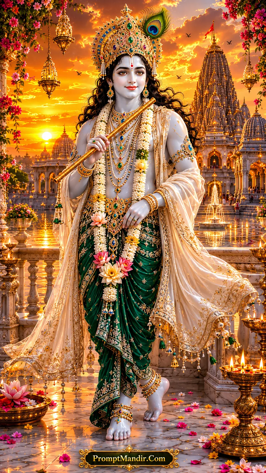 Lord Krishna with flute beside temple fountain during golden sunset