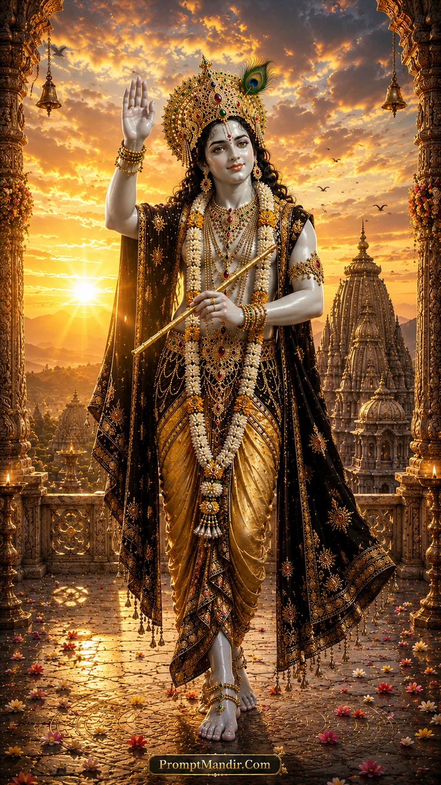 Lord Krishna raising hand with flute on ornate temple balcony