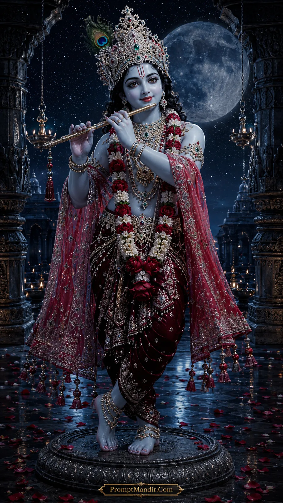 Lord Krishna playing flute beneath full moon in sacred temple courtyard