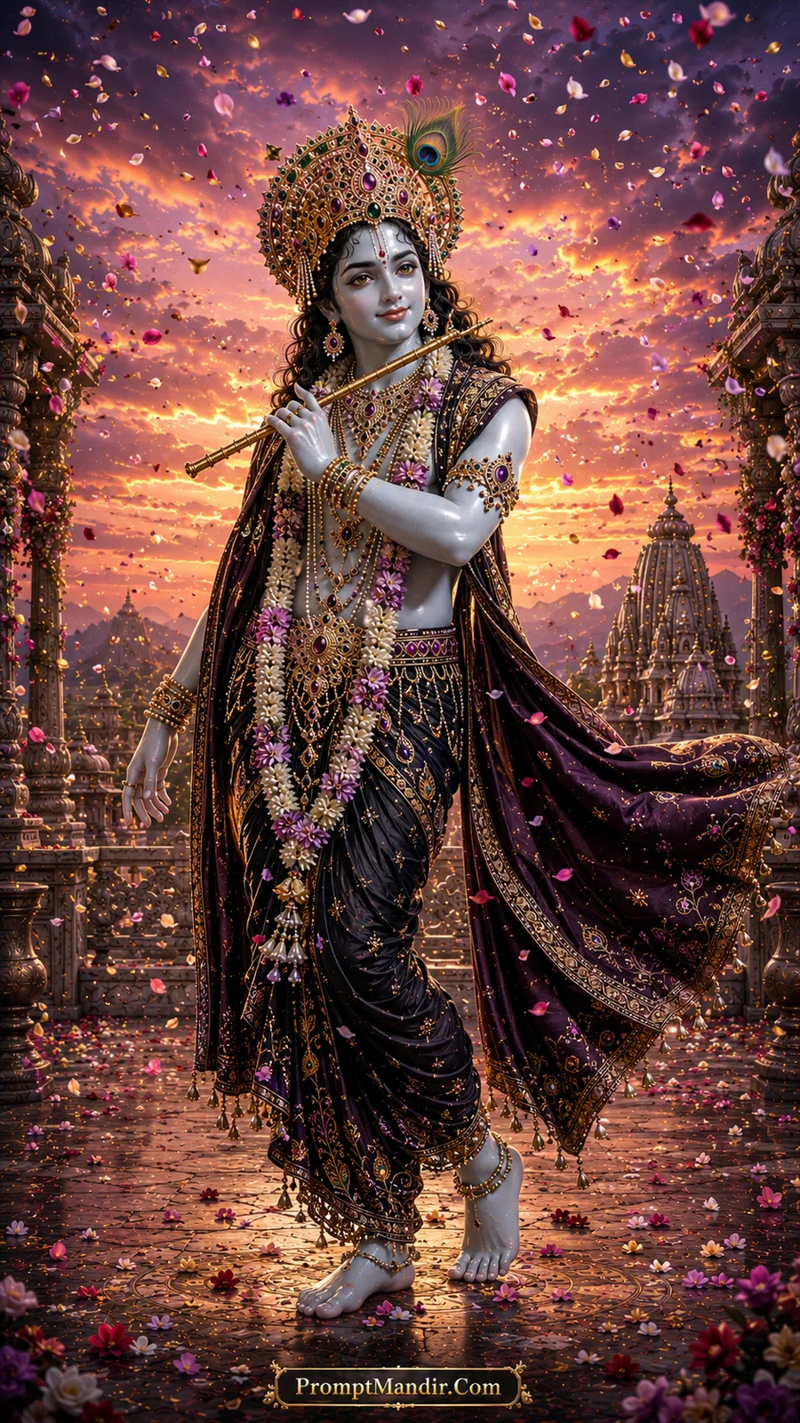 Lord Krishna playing flute amid floating flower petals at sunset