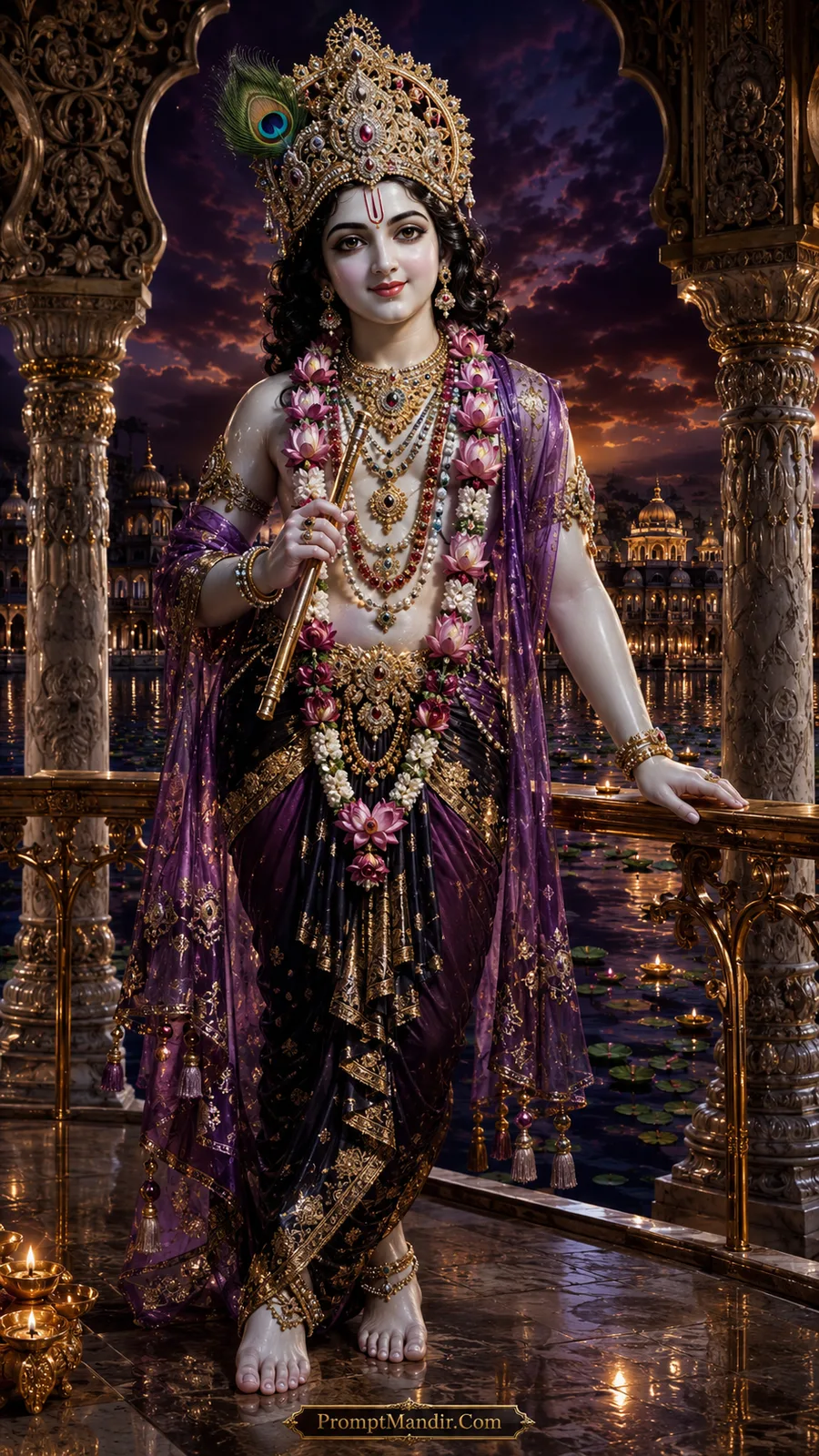 Lord Krishna beside lotus lake pavilion during twilight temple evening