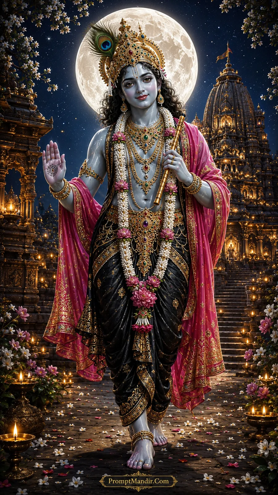 Lord Krishna beneath full moon offering blessings near temple staircase
