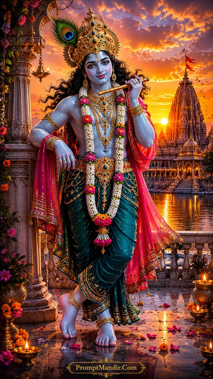 Lord Krishna with flute beside temple lake during glowing sunset