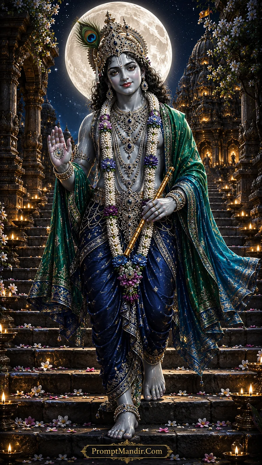 Lord Krishna descending temple steps beneath brilliant full moon glow