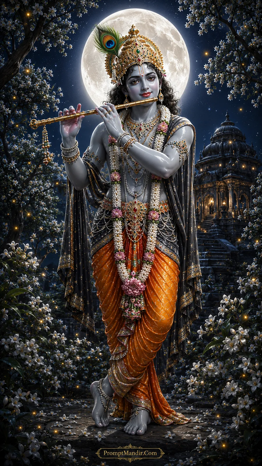 Lord Krishna playing flute among moonlit blossoms and temple gardens
