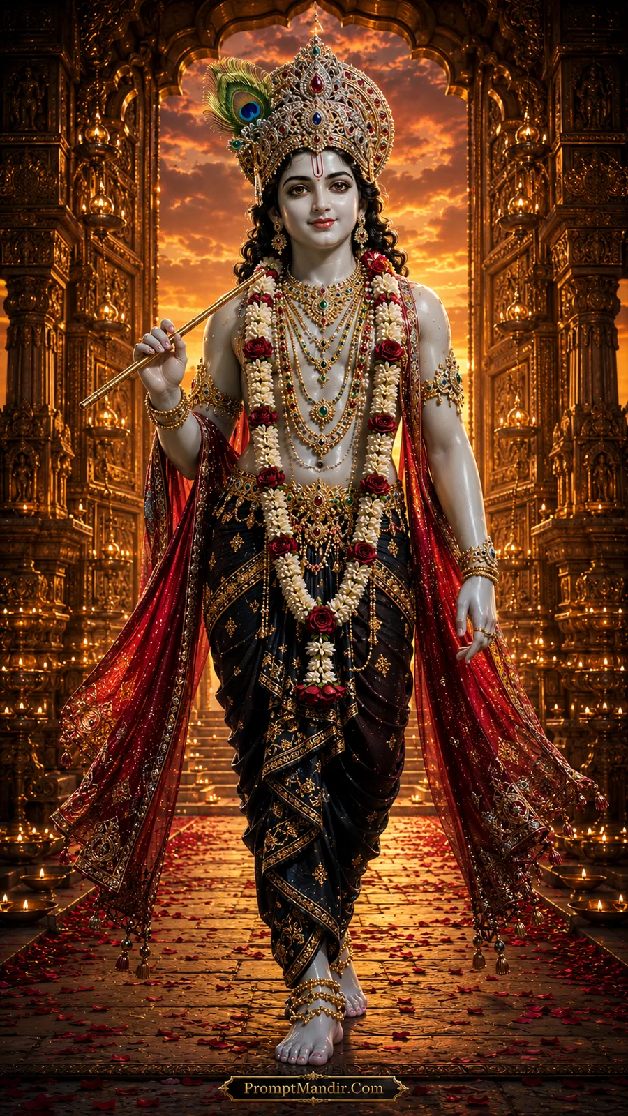 Lord Krishna walking through golden temple corridor with rose garland and flute