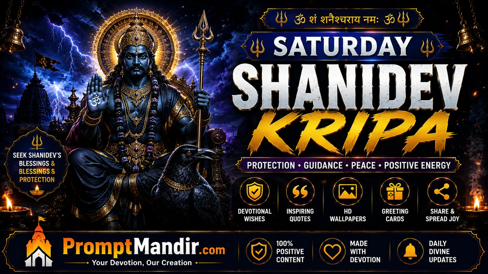 Saturday Wishes Collection featuring Shani Dev blessings, devotional wishes, protection messages, spiritual greetings, and positive Saturday blessings.