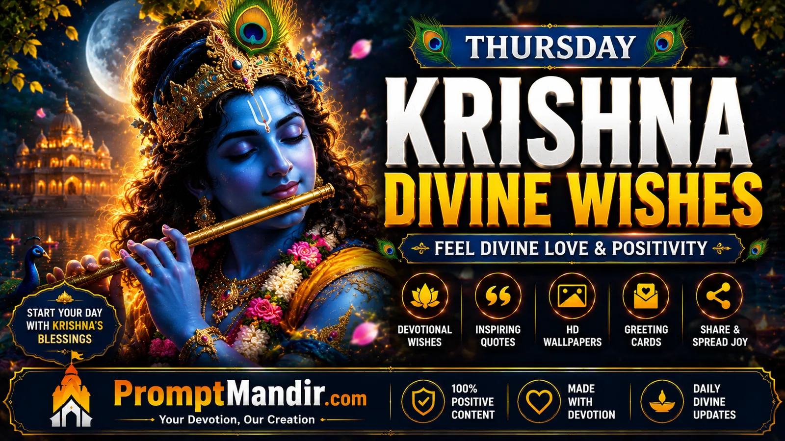 Thursday Wishes Collection featuring Lord Krishna blessings, devotional greetings, divine wishes, and positive good morning messages.