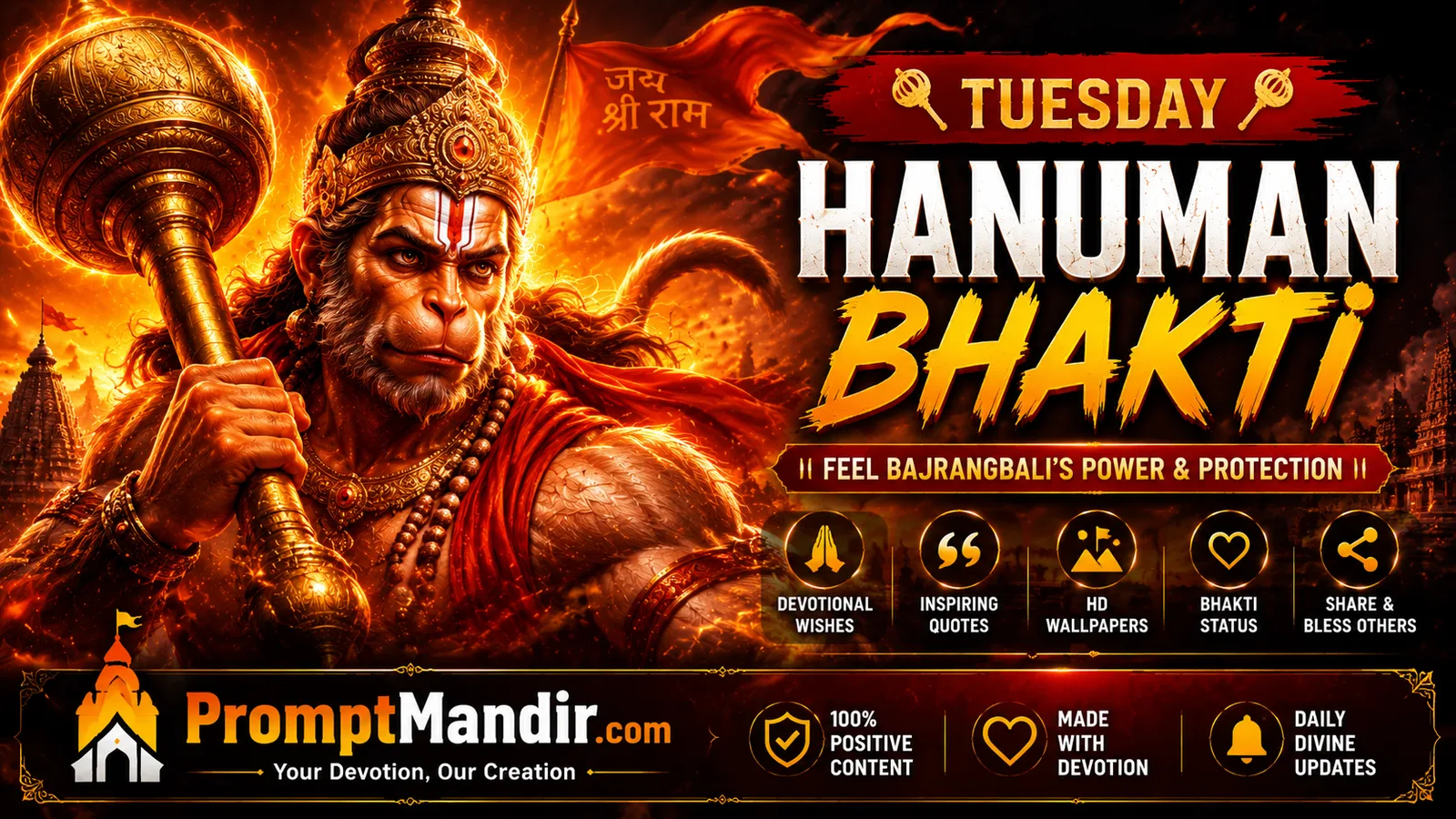 Tuesday Wishes Collection featuring Lord Hanuman blessings, devotional wishes, good morning greetings, and inspirational Tuesday messages.