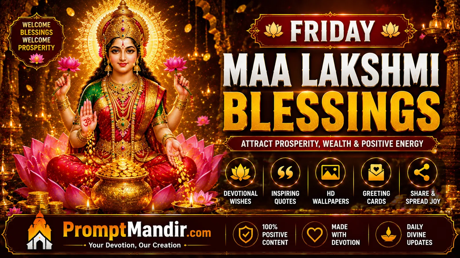 Friday Wishes Collection featuring Maa Lakshmi blessings, devotional wishes, prosperity messages, good morning greetings, and positive Friday blessings.