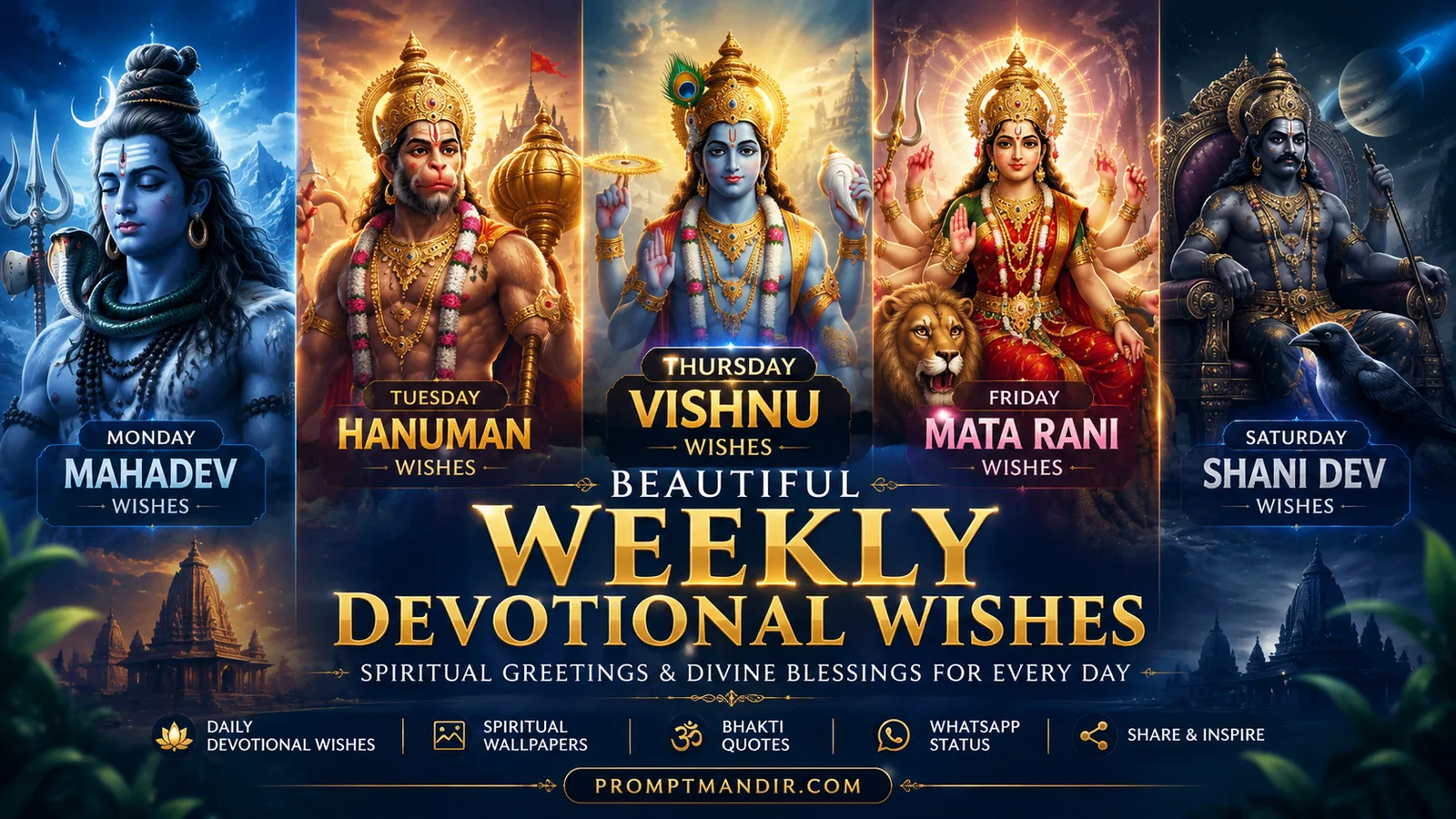 Weekly devotional wishes collection featuring Mahadev, Hanuman, Vishnu, Mata Rani and Shani Dev blessings