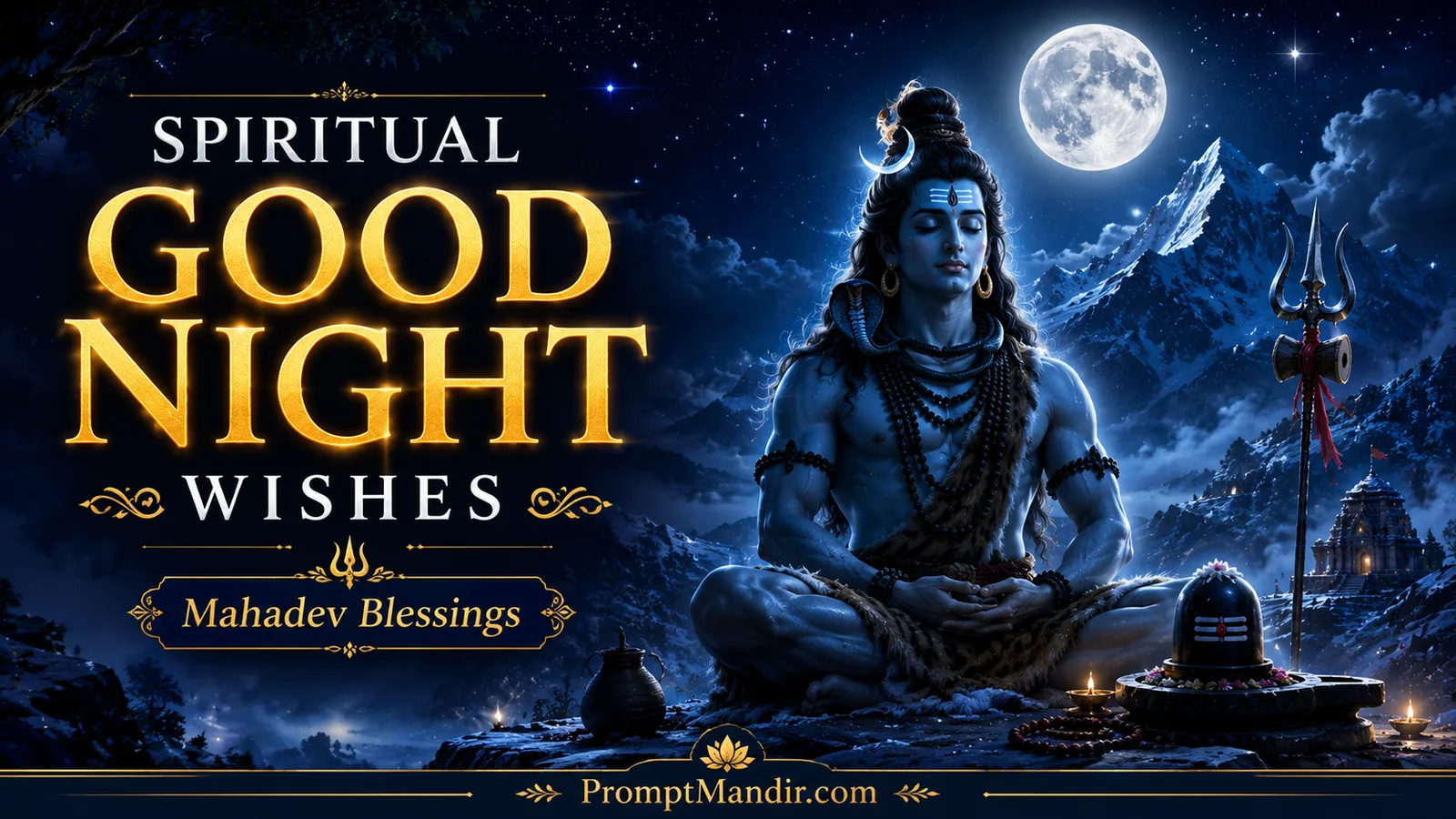 Lord Shiva meditating beneath moonlit Himalayan sky with sacred trident