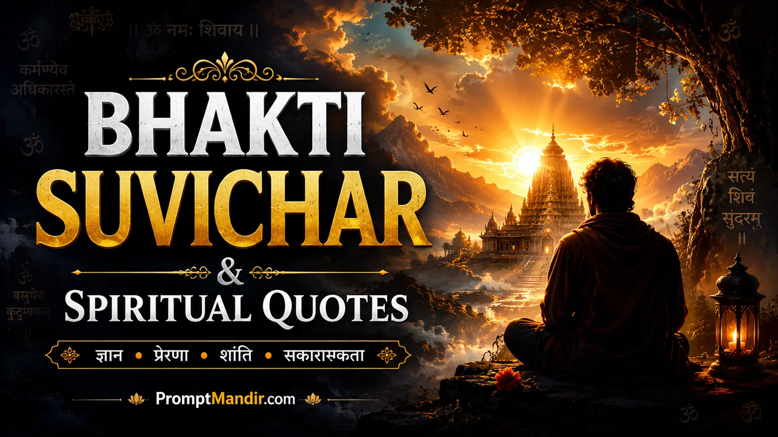 Devotee seated before radiant temple during golden spiritual sunrise