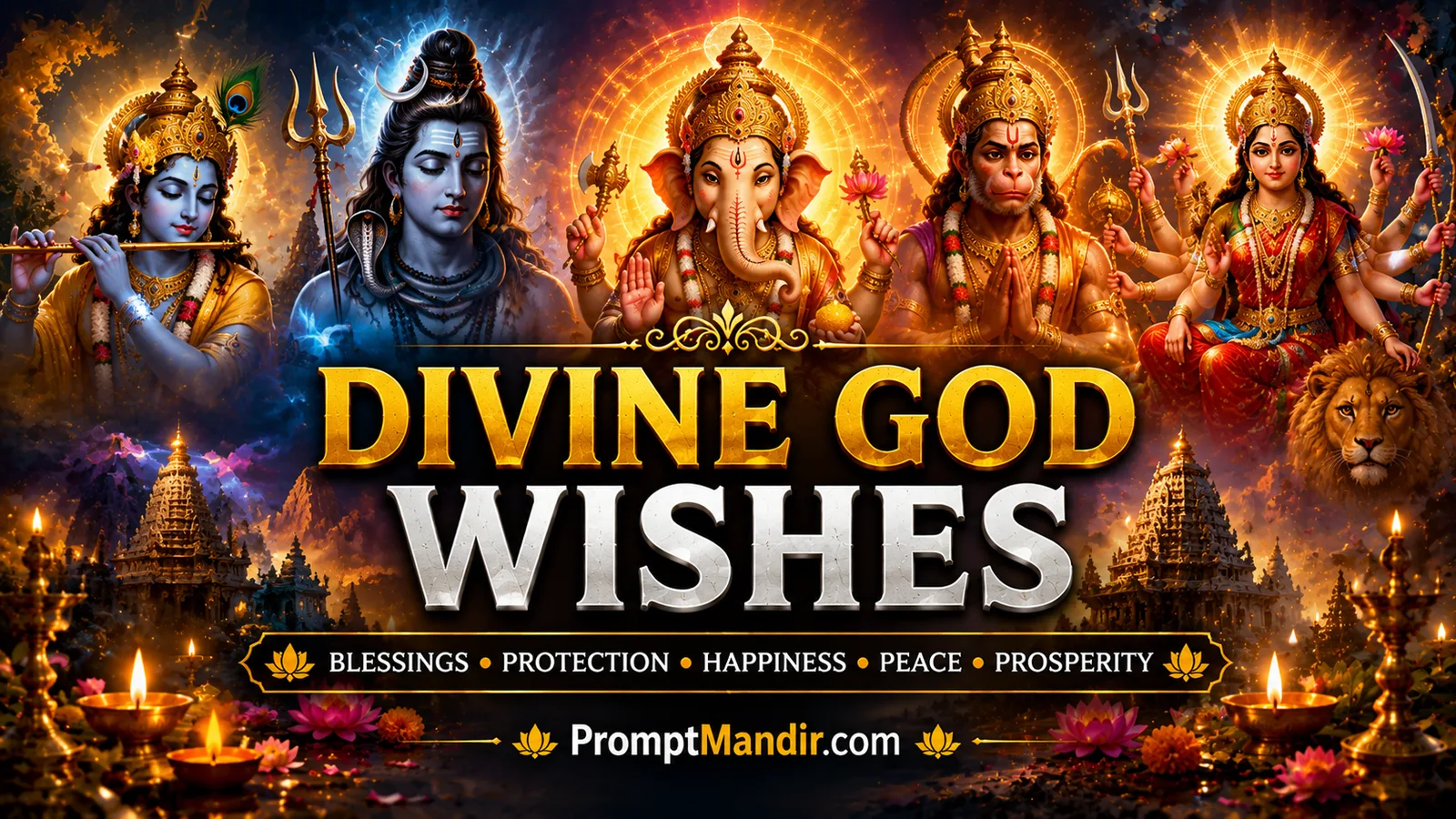 Divine Hindu deities gathered with radiant halos and sacred blessings