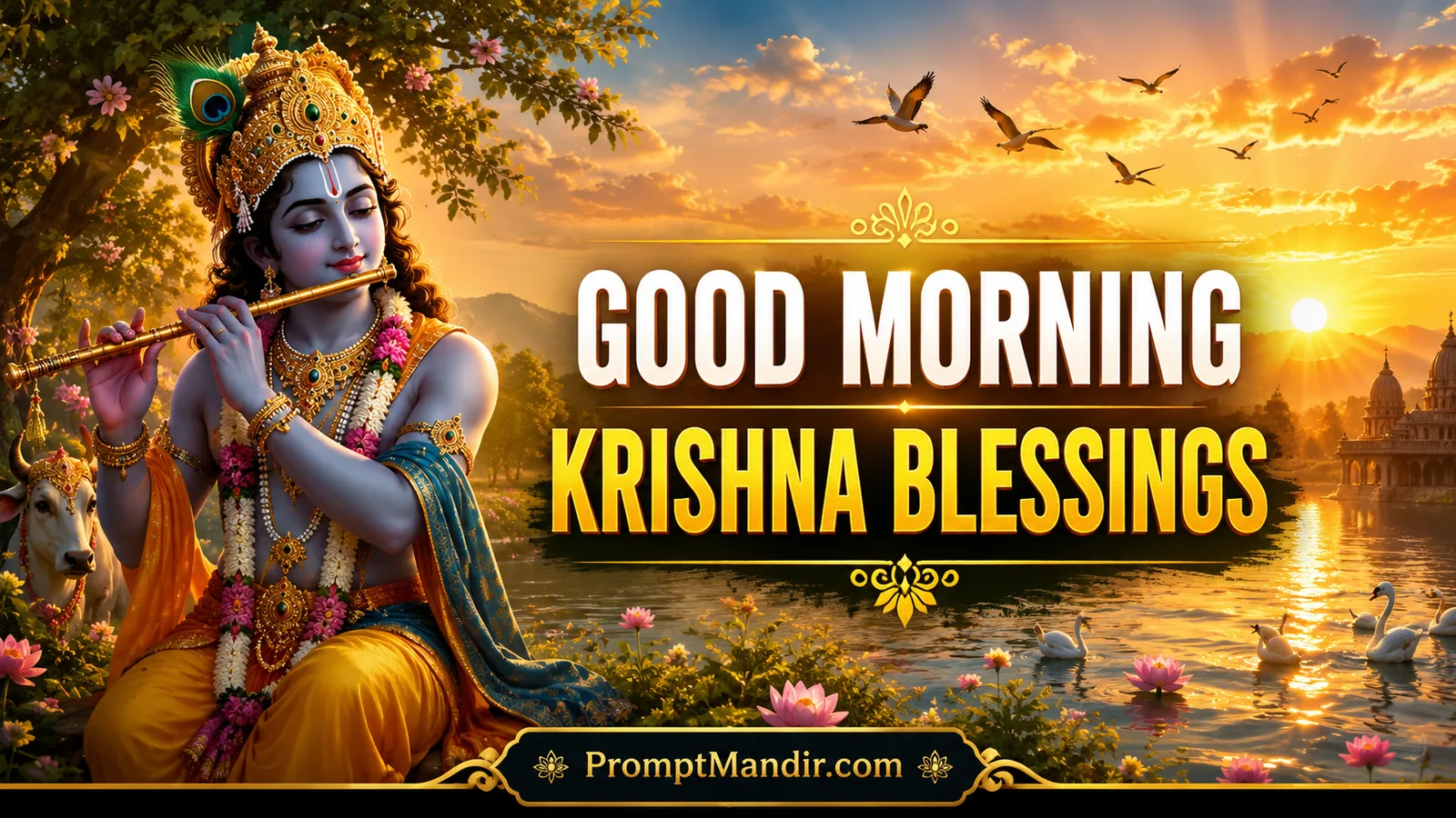 Lord Krishna playing flute beside peaceful lake at sunrise