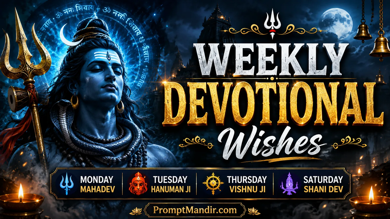Majestic Lord Shiva surrounded by sacred energy and moonlit temples