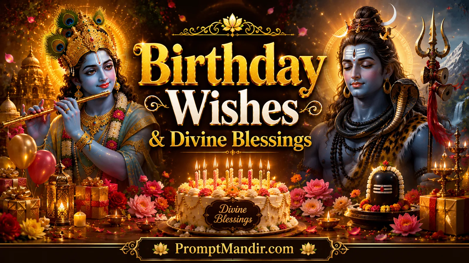 Birthday celebration artwork with Krishna, Shiva, flowers, and candles