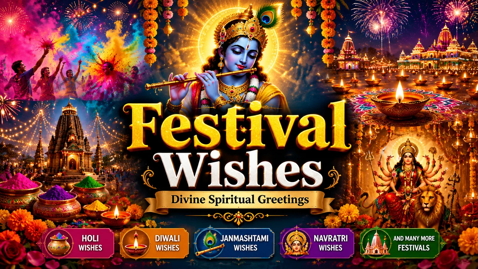 Colorful festival celebration featuring Krishna, temples, diyas, and fireworks