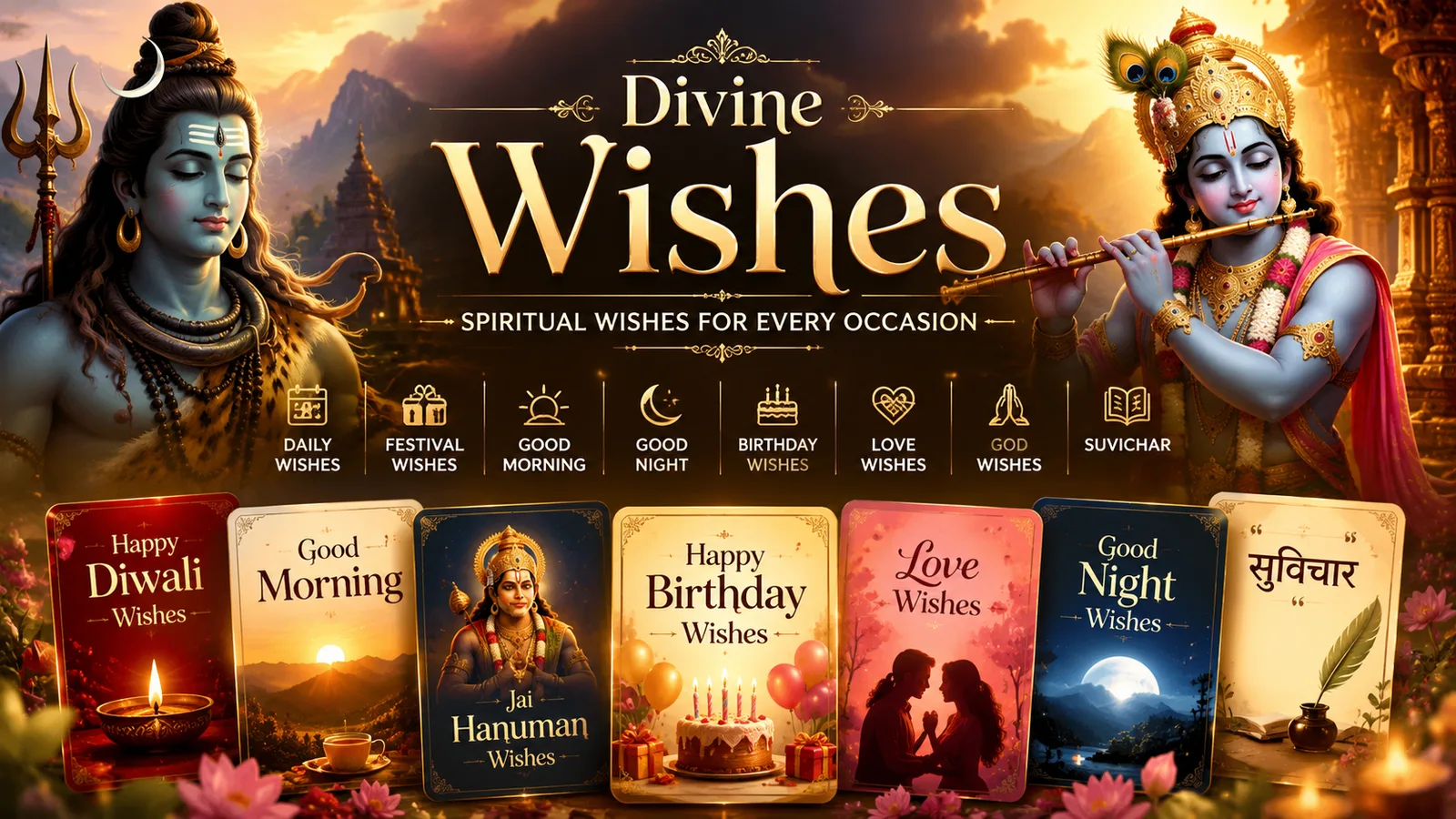 Devotional wishes collection featuring Krishna, Shiva, festival, birthday, love and spiritual greetings