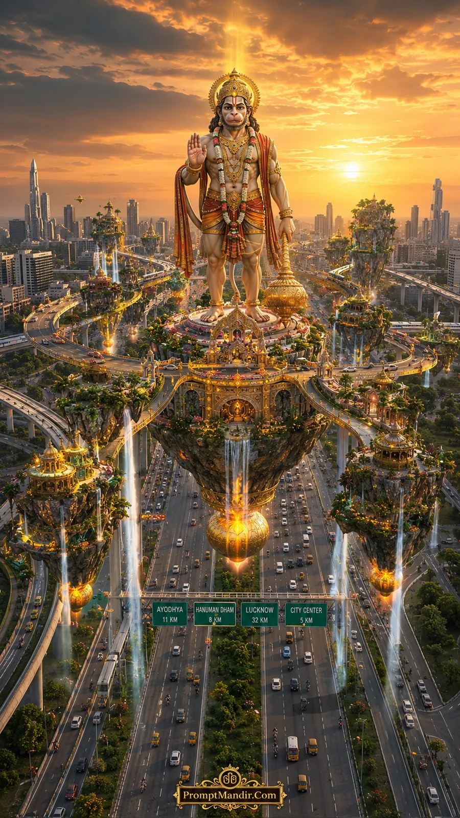 Gigantic Lord Hanuman statue above futuristic temple highways at glowing sunset city skyline