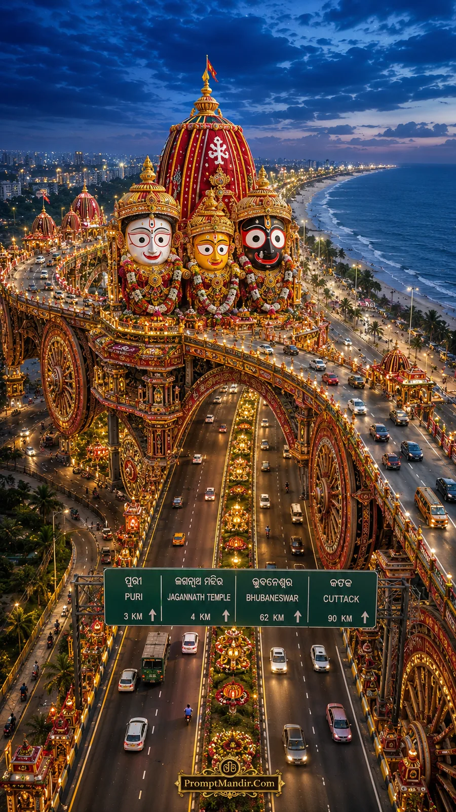 Lord Jagannath, Balabhadra and Subhadra above illuminated ceremonial highway beside peaceful seashore