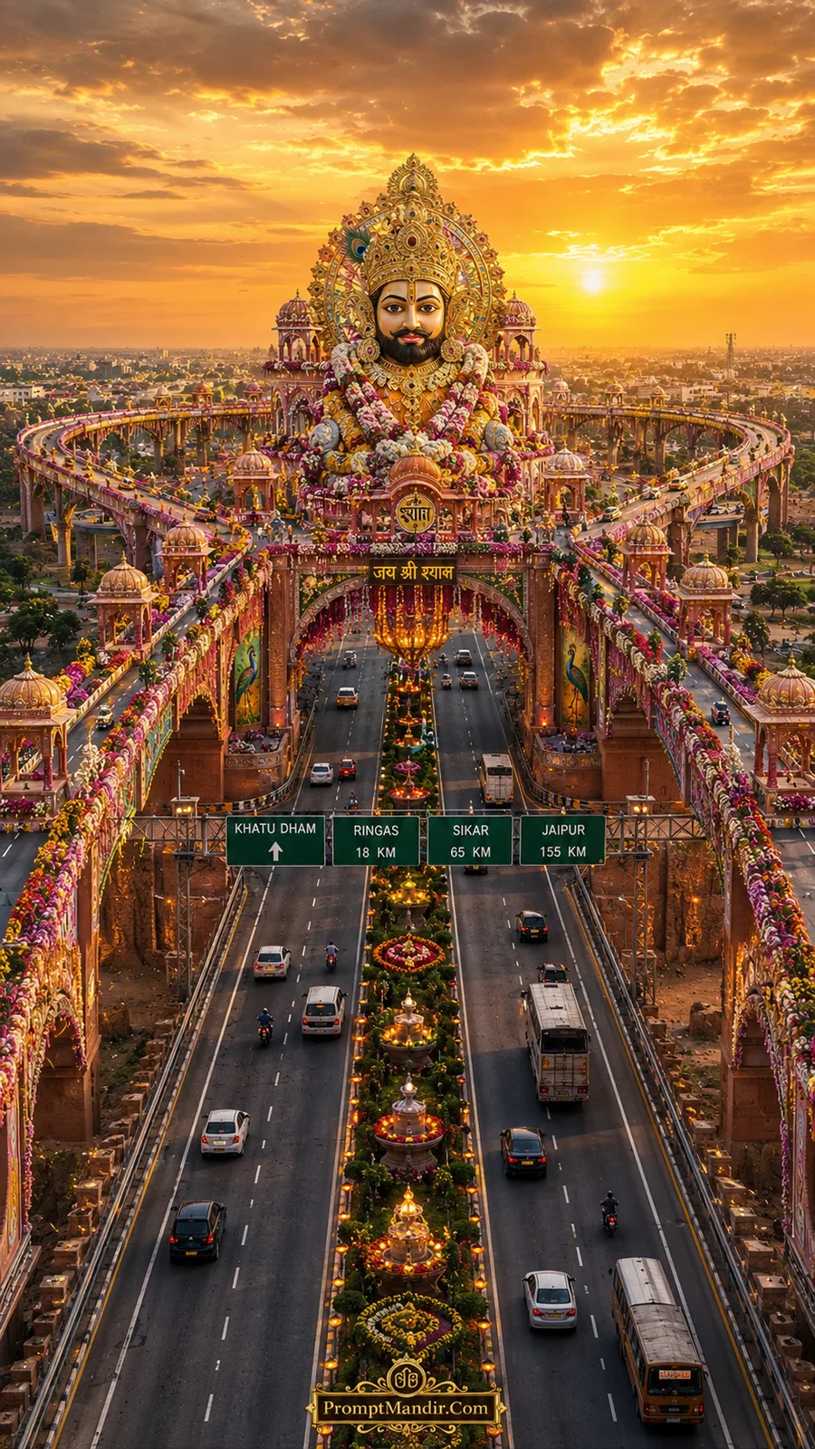 Khatu Shyam divine statue above floral temple bridge under radiant golden sunset sky