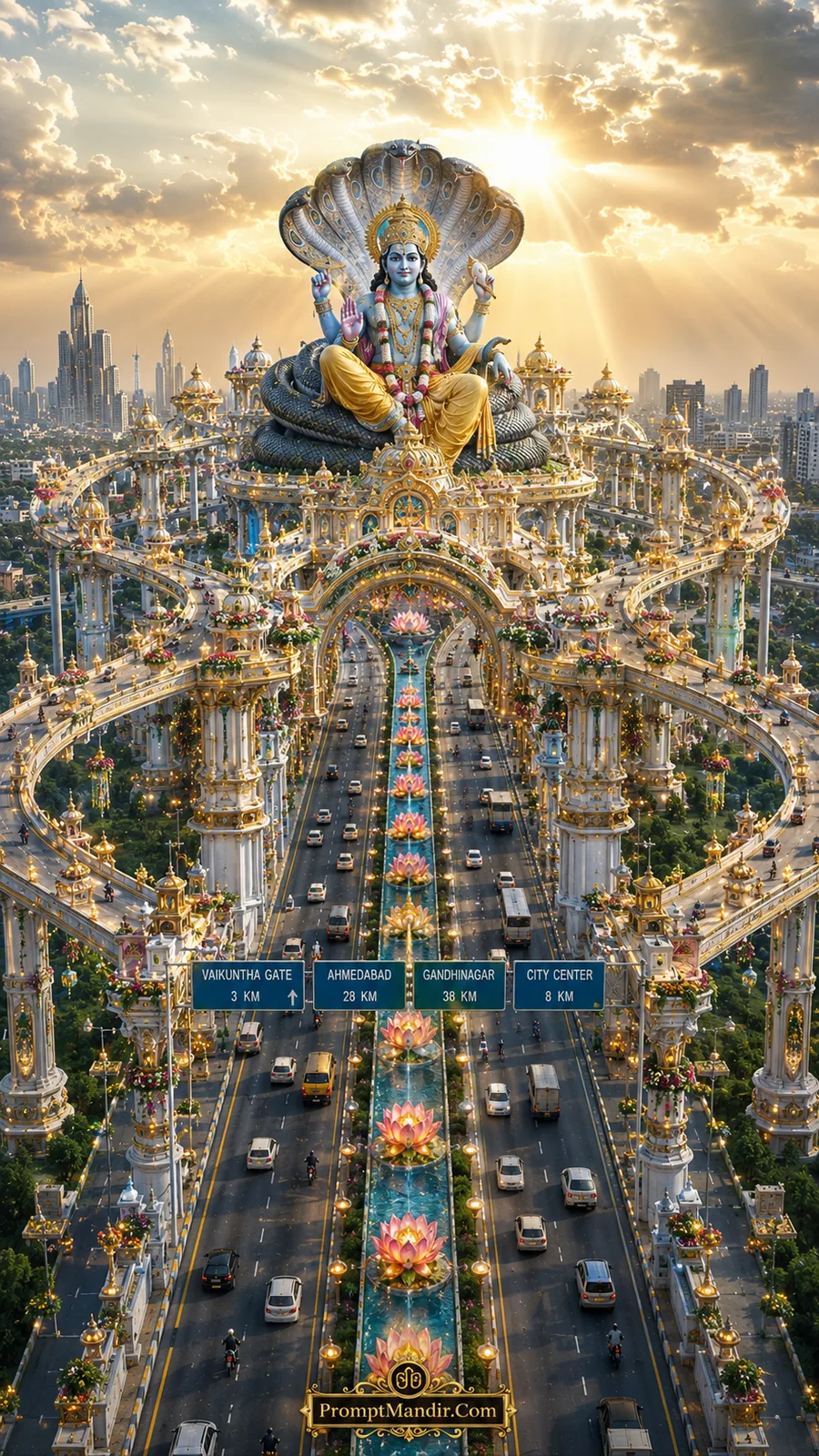 Lord Vishnu seated on Sheshnag above grand celestial temple highways with radiant sunlight