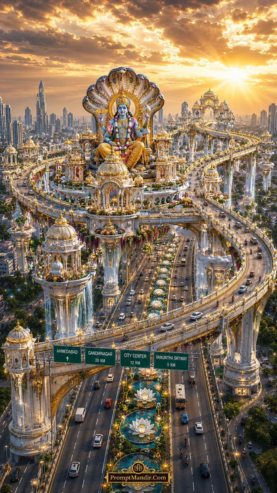 Lord Vishnu on Sheshnag surrounded by elegant white temple skyways and lotus canals