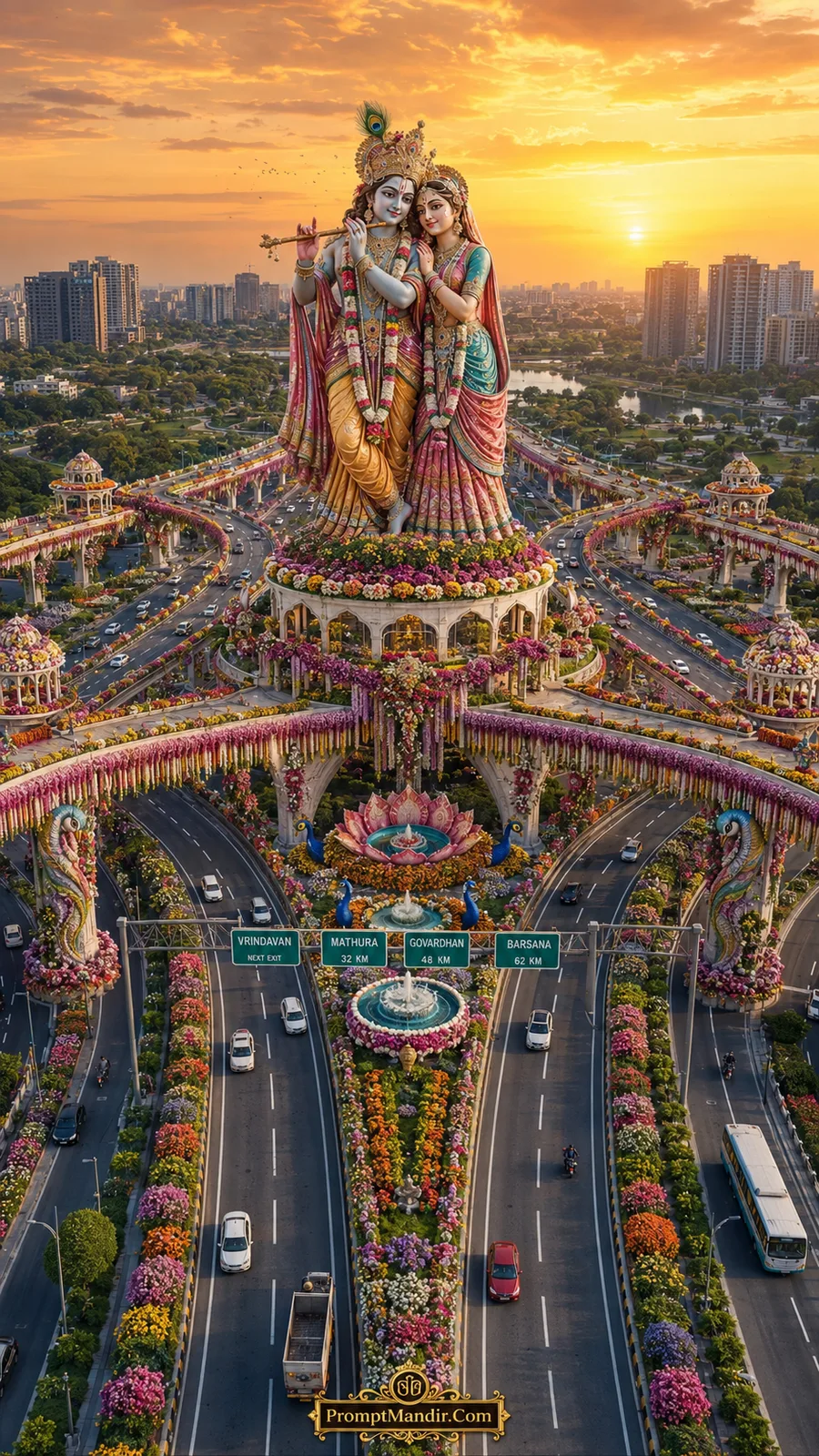 Radha and Krishna standing together above flower-filled temple bridges during golden sunset