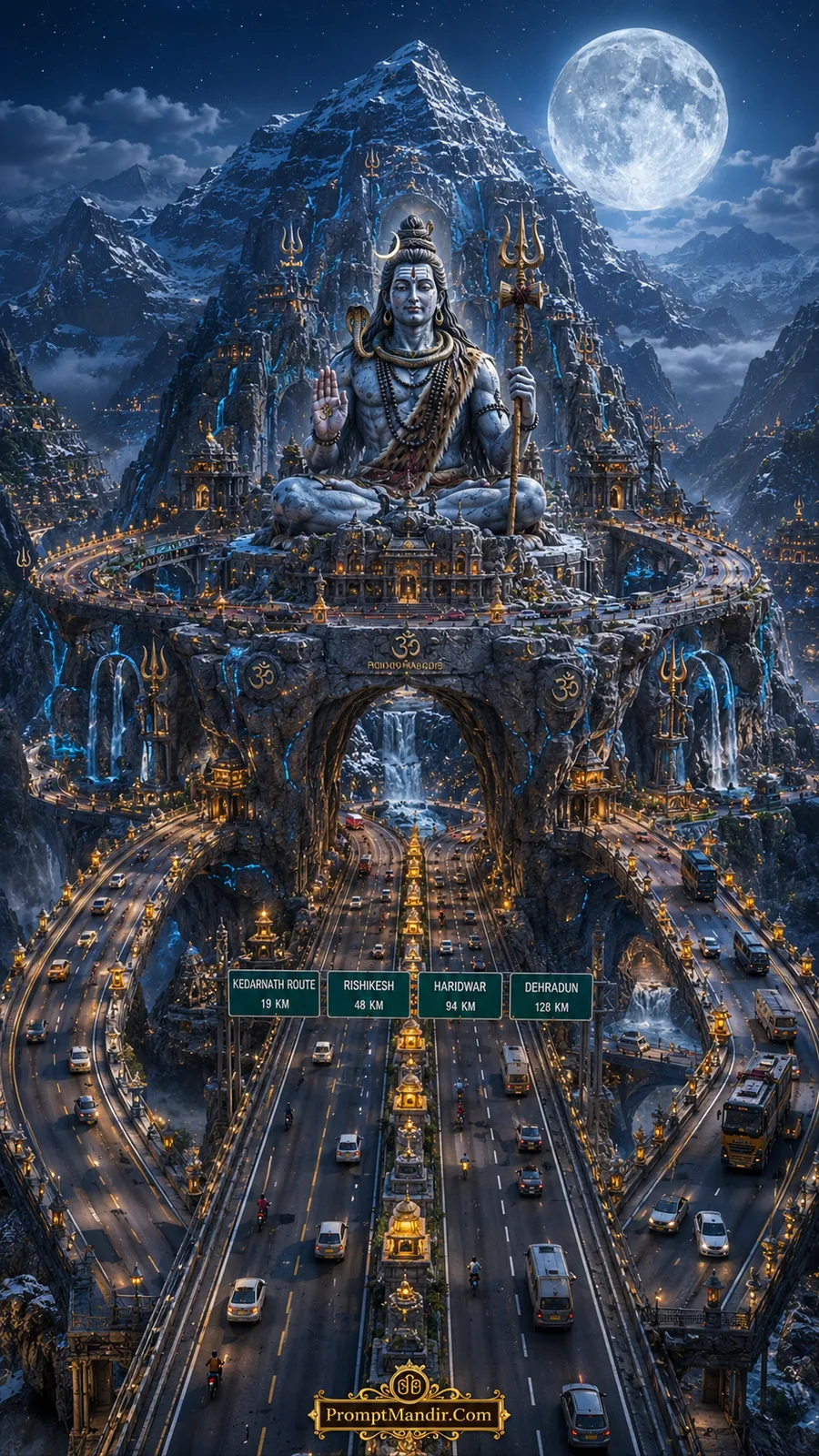 Meditating Lord Shiva atop sacred mountain temple beneath bright full moon and waterfalls