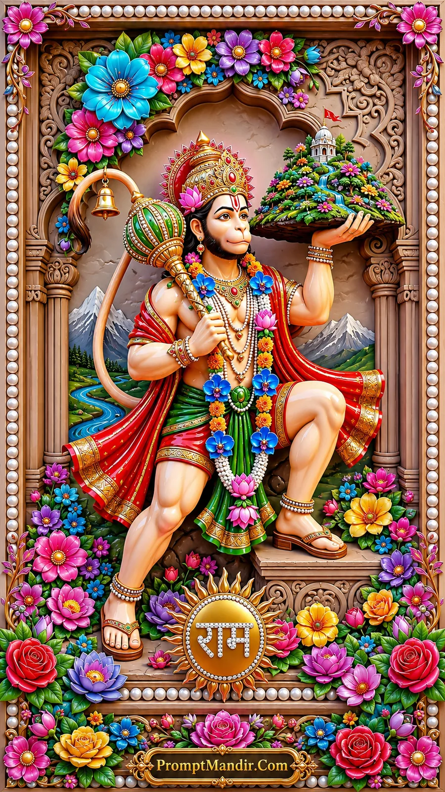 Lord Hanuman carrying a floral mountain with temple and colorful flower border