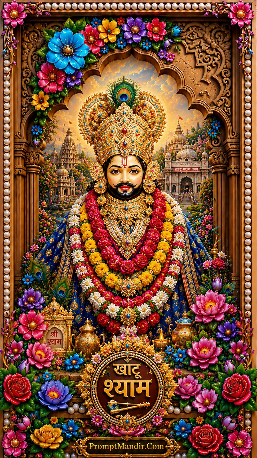 Khatu Shyam adorned with floral garlands and golden crown before temples