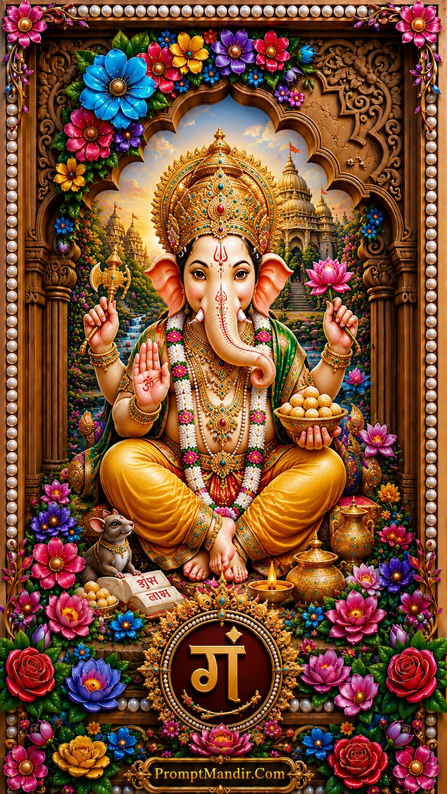 Lord Ganesha seated with lotus flower modaks and decorative floral surroundings