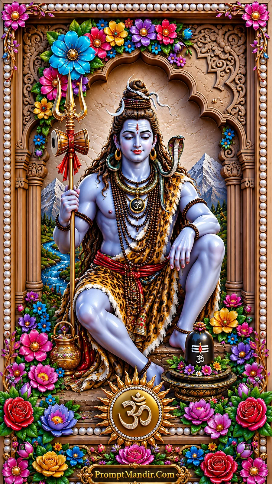 Lord Shiva seated peacefully with trident serpent and Himalayan landscape